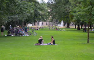 Studierende der FAU sitzen auf einer Wiese im Erlanger Schlosspark