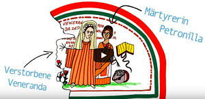 Screenshot mit einer Zeichnung von Lara Mührenberg aus dem Micro-Teaching-Video „Frühchristliche Katakomben“: Wandmalerei der Domitilla-Katakombe in Rom mit der Verstorbenen Veneranda und der Märtyrerin Petronilla