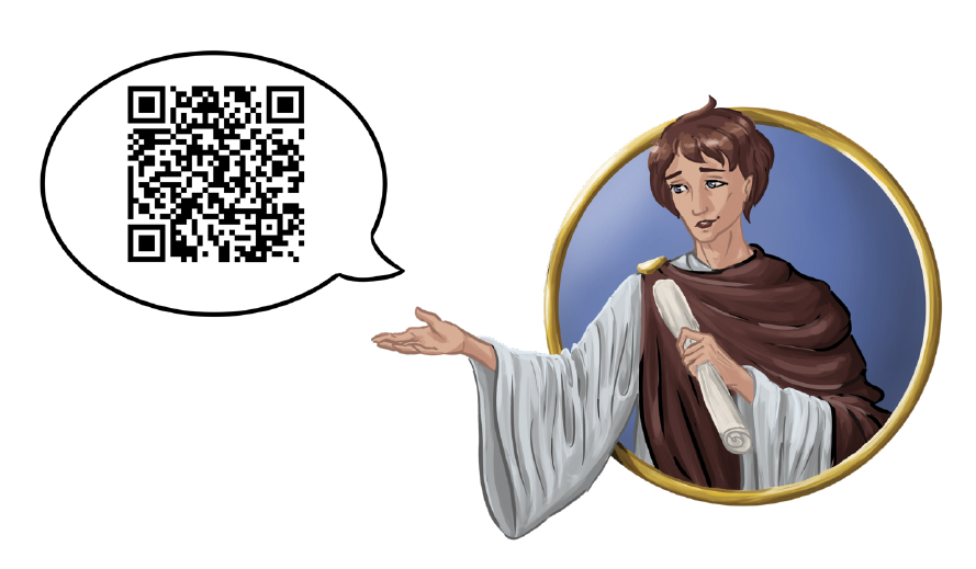 Auxilius (als fiktive Figur aus einem Augmented-Reality-Suchspiel) in Verbindung mit einem QR-Code