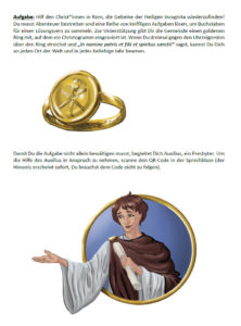 Auszug aus "Catacomb Raider" (Augmented-Reality-Reliquienjagd von Lara Mührenberg, Zeichnungen: Alissa Dittes), Seite 4: Auxilius sowie Ring mit Christogramm